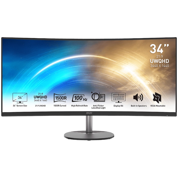 Монитор LED MSI PRO MP341CQ VA, 34" UWQHD, Curved 1500R, 100 Hz, Display Port & HDMI, 1 ms, Speaker, Eye Care
