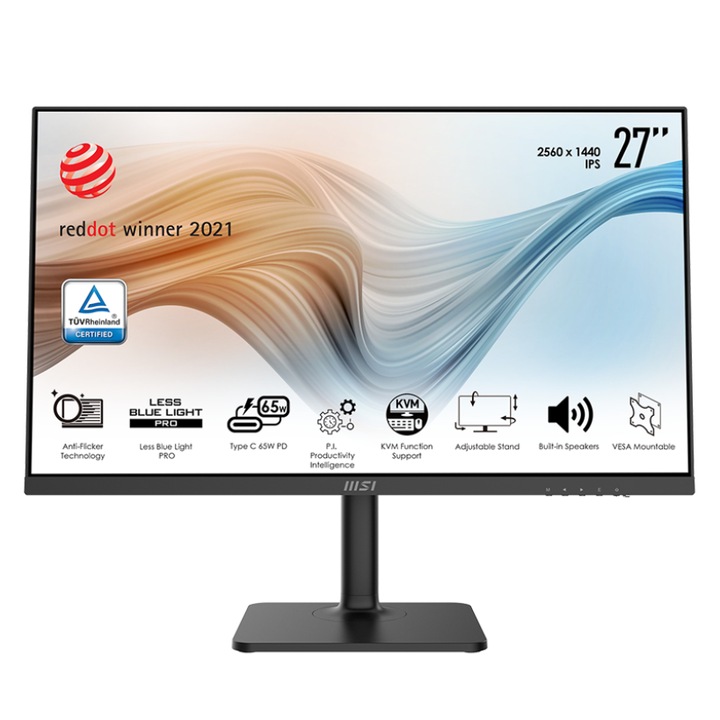 MSI Modern MD272QP Monitor 27" QHD, 2560x1440 , IPS 16:9, 1000:1 CR, 300cd/m2, 4 ms, HDMI, DP, Fekete