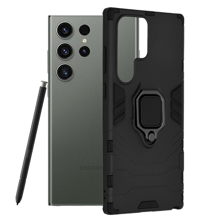 Optim Solution Army Shield Armor Rugged Hátlap tok, Samsung Galaxy S23 Ultra telefonhoz, hibrid szerkezet, 360° mágneses kitámasztó gyűrű, strapabíró, fekete