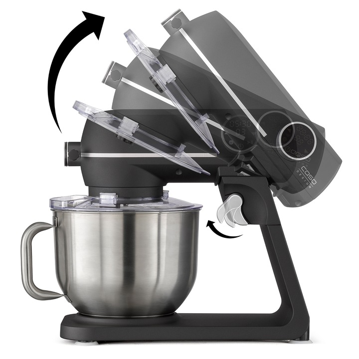 Robot de bucatarie Caso Germany, KM1800-E, capacitate 6 litri, ideal pentru aluaturi si creme, 10 trepte de viteza, display LED, touchscreen, timer, cronometru, accesorii incluse, carcasa aluminiu, negru