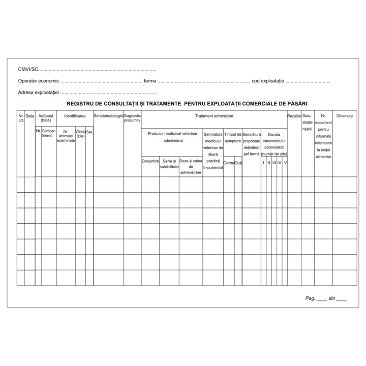 Registru de consultatii si tratamente pentru exploatatii comerciale de pasari, format A4, 100 file
