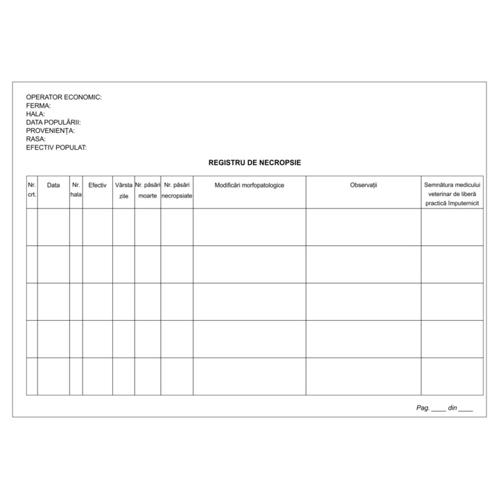 Registru de necropsie, pentru ferme de pasari, format A4, 100 file