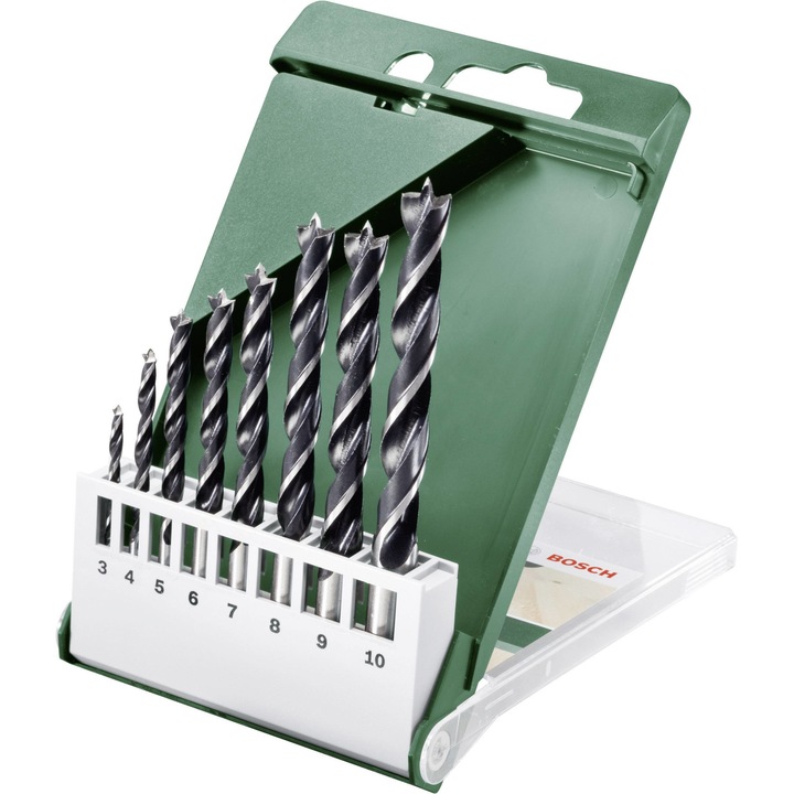 Set 8 burghie elicoidale pentru lemn Bosch, diametre 3-10 mm. prindere cilindrica