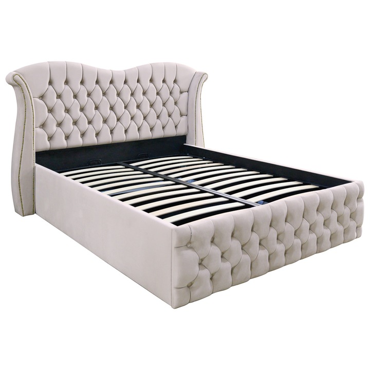Pat dublu tapitat model Indiana, 160/200 cm, culoare crem, cu somiera metalica rabatabila si spatiu de depozitare