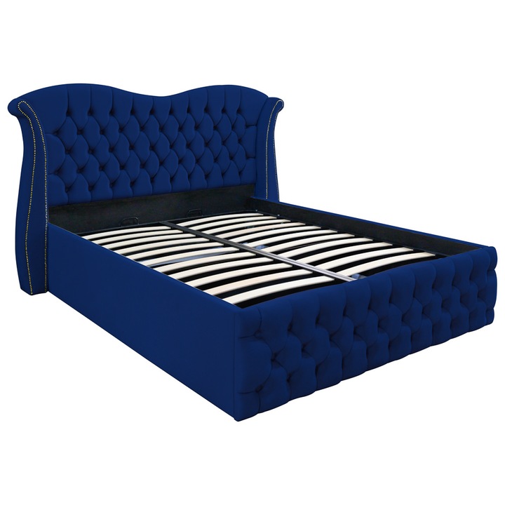 Pat dublu tapitat model Indiana, 180/200 cm, culoare bleumarin, cu somiera metalica rabatabila si spatiu de depozitare