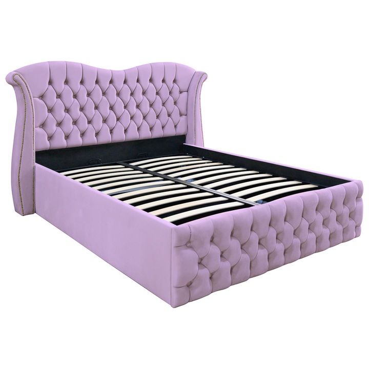 Pat dublu tapitat model Indiana, 180/200 cm, culoare lila, cu somiera metalica rabatabila si spatiu de depozitare