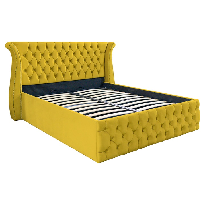 Pat dublu tapitat model Alabama, 180/200 cm, culoare galben mustar, cu somiera metalica rabatabila si spatiu de depozitare