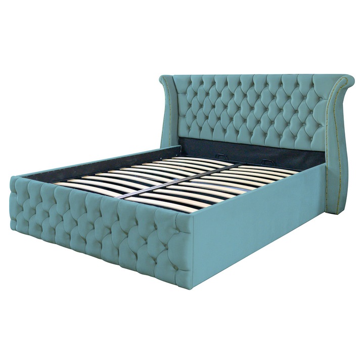 Pat dublu tapitat model Alabama, 140/200 cm, culoare verde marin, cu somiera metalica rabatabila si spatiu de depozitare