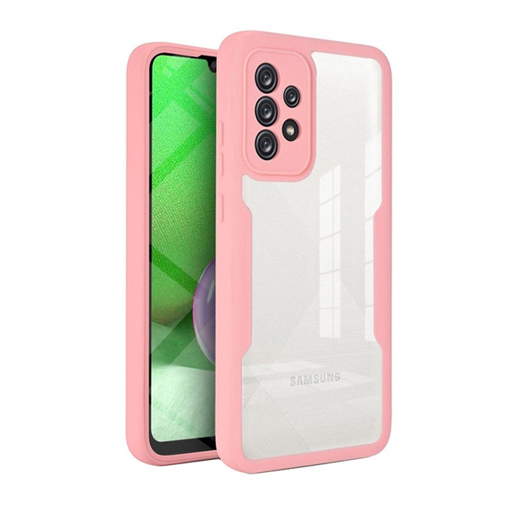 Husa de protectie 360° compatibila cu Samsung Galaxy A52, Full Protection, Design Unic, Rezistenta la socuri, Protectie camera, Roz Deschis