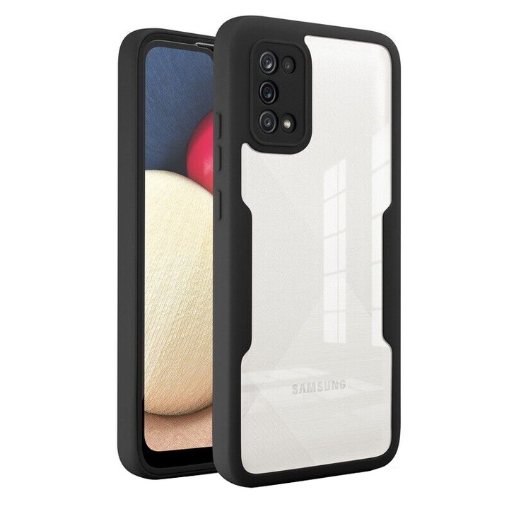 Husa de protectie 360° compatibila cu Samsung Galaxy A02S, Full Protection, Design Unic, Rezistenta la socuri, Protectie camera, Negru