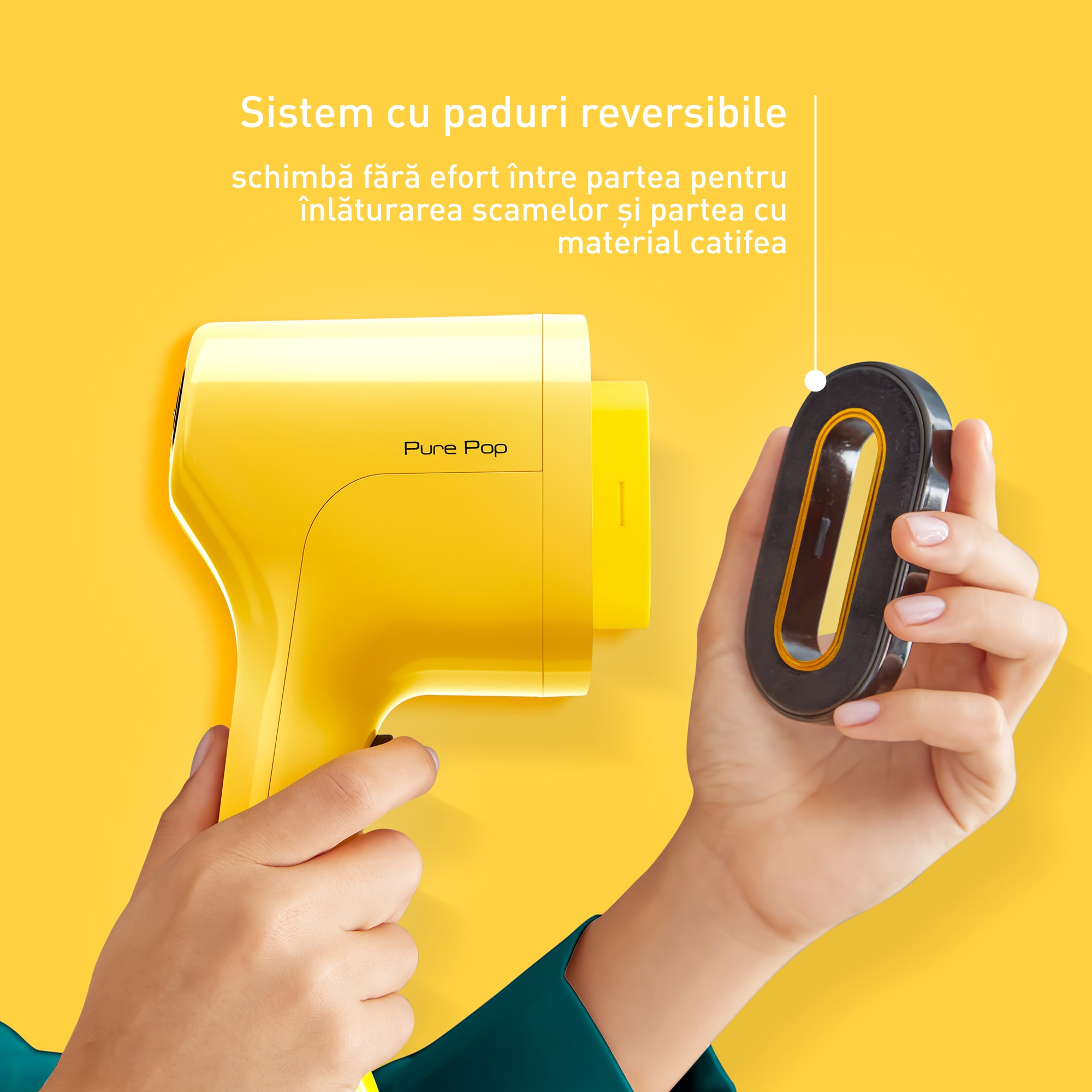 Aparat de calcat vertical cu abur Tefal Pure Pop Garment DT2026E1, 1300 W, recipient apa 70 ml, autonomie rezervor apa 4 minute, galben