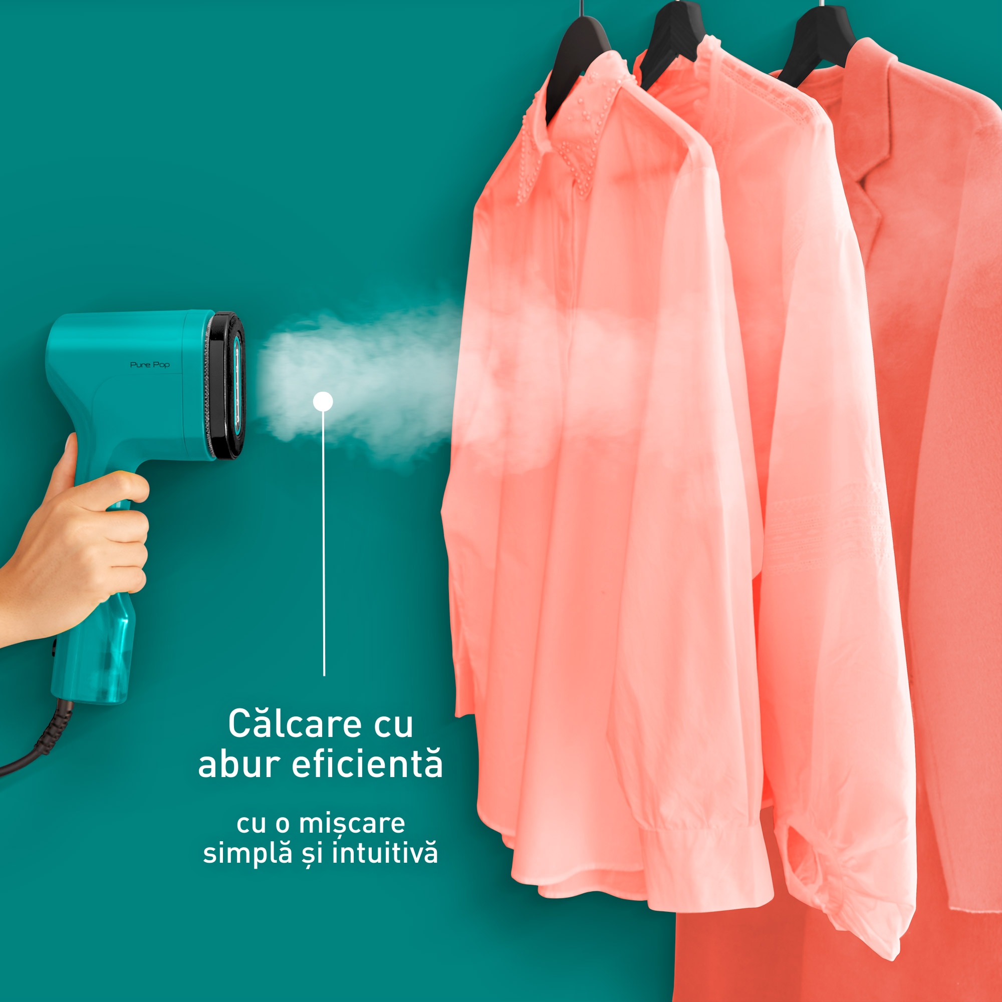 Aparat de calcat vertical cu abur Tefal Pure Pop DT2024E1, 1300 W, abur variabil pana la 20g/min, recipient apa 70 ml, incalzire rapida 15secunde, verde