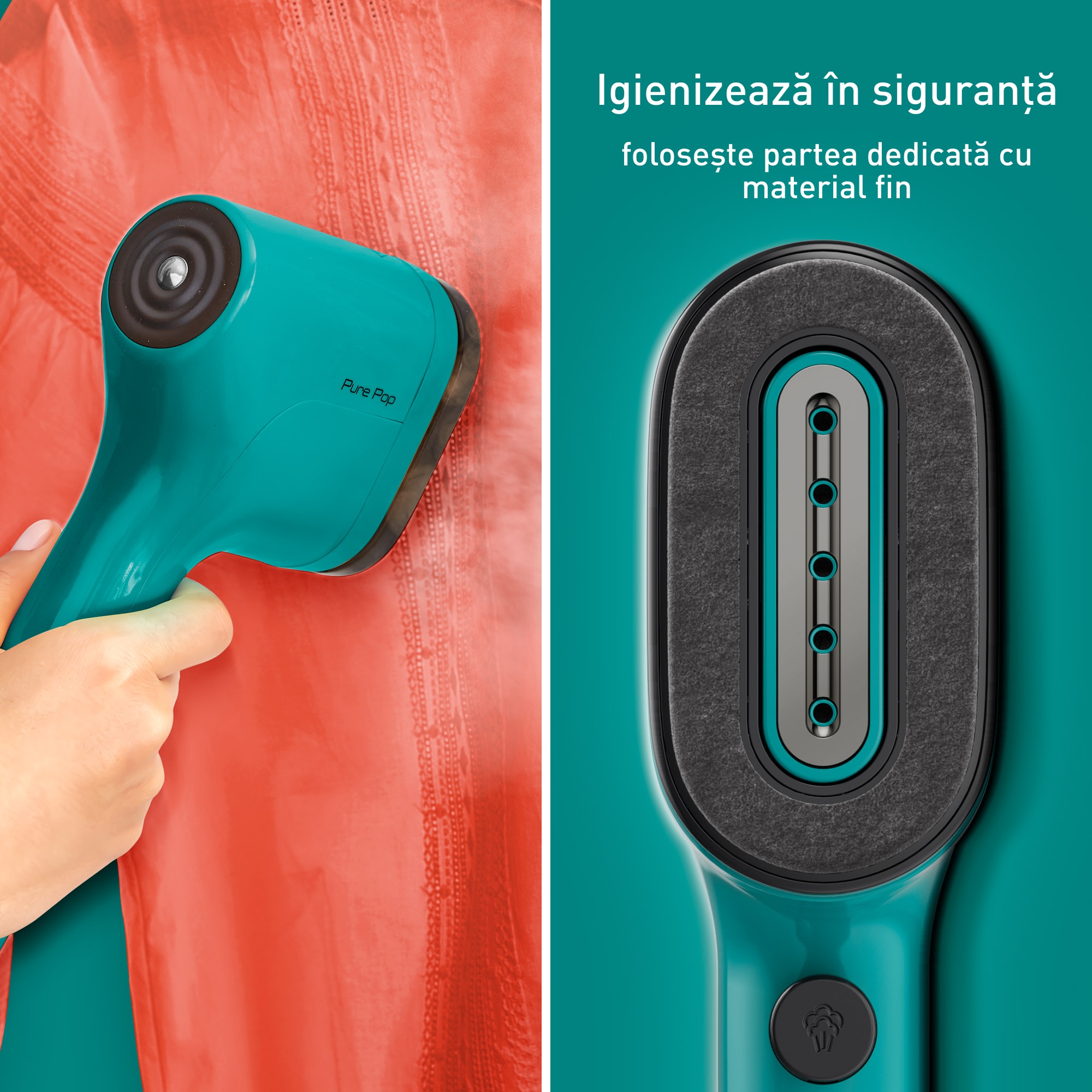 Aparat de calcat vertical cu abur Tefal Pure Pop DT2024E1, 1300 W, abur variabil pana la 20g/min, recipient apa 70 ml, incalzire rapida 15secunde, verde