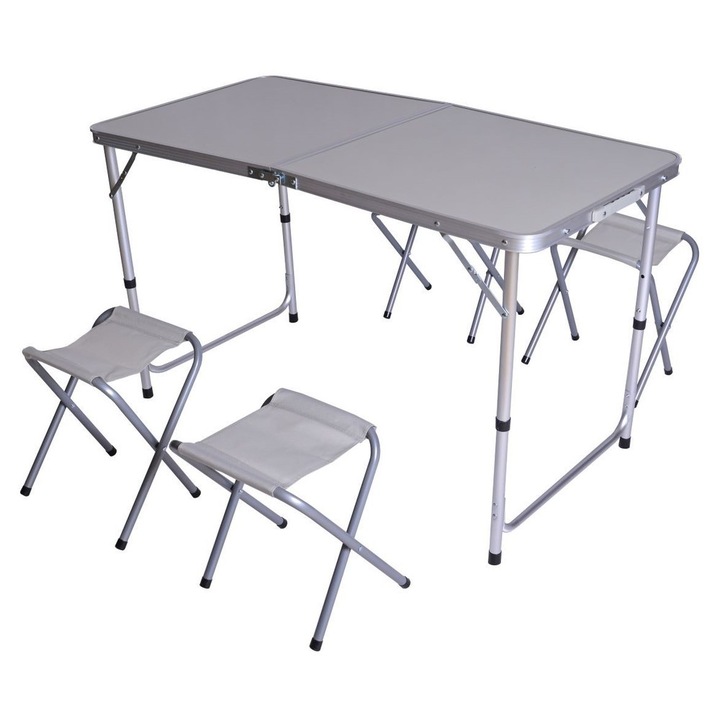 Set 4 scaune si masa camping, Rojaplast, Aluminiu/Plastic, 120 x 60 cm, Argintiu