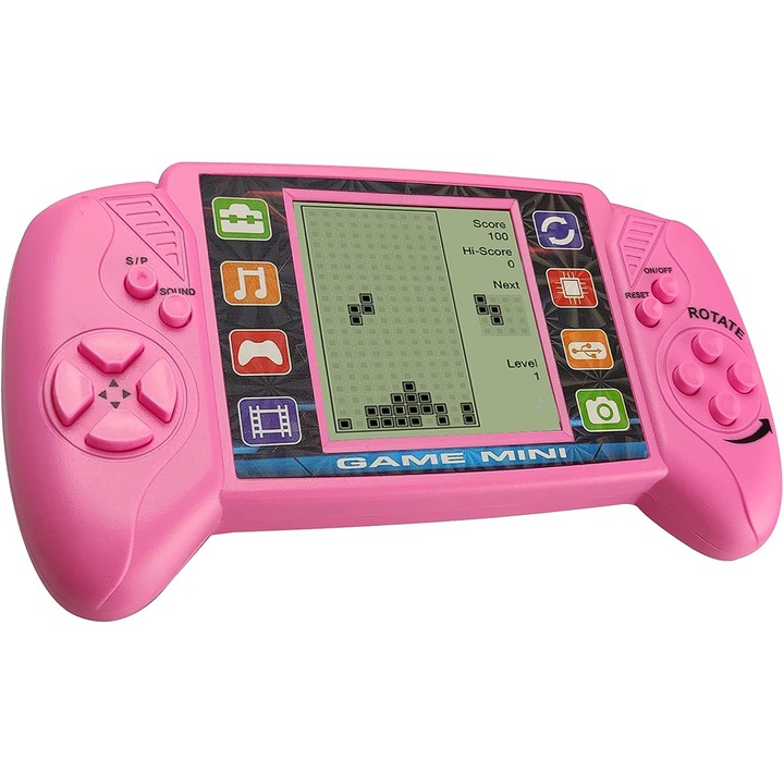 Consola joc de buzunar Tetris, Ronyes®, 9x17 cm, Ecran mare, 4 ani+, Roz