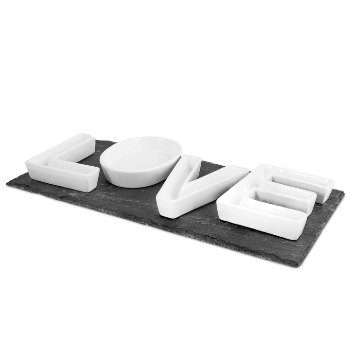Platou ardezie cu 4 forme portelan, Love, 40x20x4 cm