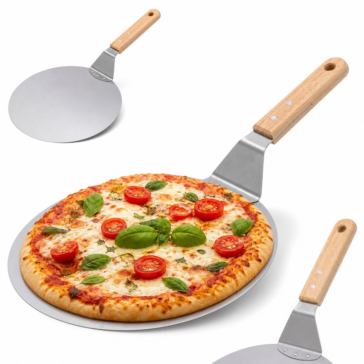 Paleta pentru Pizza, Lopata rotunda din Inox cu Maner din Lemn, Ø30,5 cm, Kamille KM-8833
