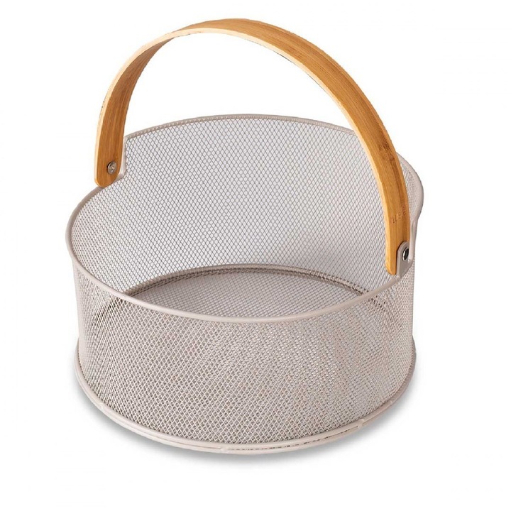 Cos de fructe, Husla, 25 cm, Otel, Lemn, Gri, Bej