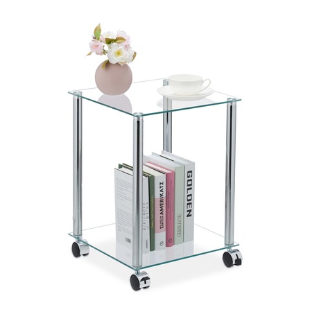 Masuta cafea, din sticla, cu rotile, 46 x 34 x 34 cm, argintiu/transparent