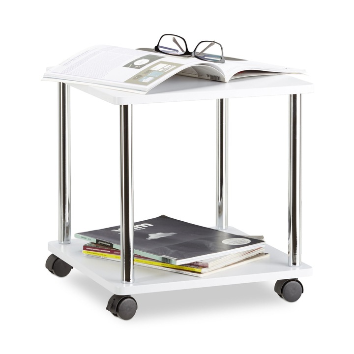 Masuta cafea rulanta, cu 2 rafturi, MDF si otel inoxidabil, alb, 41,5 x 40 x 40 cm