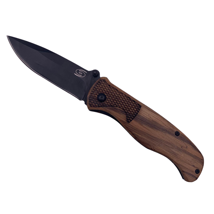 Briceag de Vanatoare, Deschidere Manuala a Lamei, 20 cm, Maner Lemn, Model Romb, Prindere Curea, Negru, Dalimag