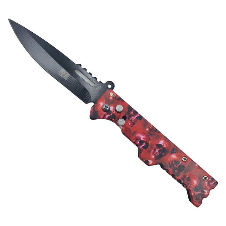 Briceag cu Deschidere Automata a Lamei pe Buton, 21 cm, Maner Dreptunghiular, Model Cranii, Rosu, Dalimag