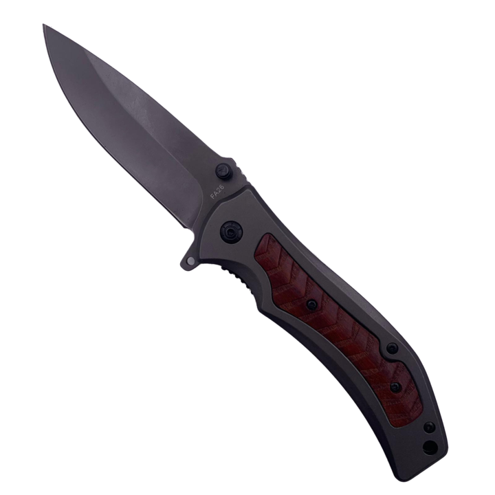 Briceag cu Deschidere Automata a Lamei pe Buton, 21 cm, Maner Lemn Sculptat, Prindere Curea, Metalic, Gri Mat, Dalimag