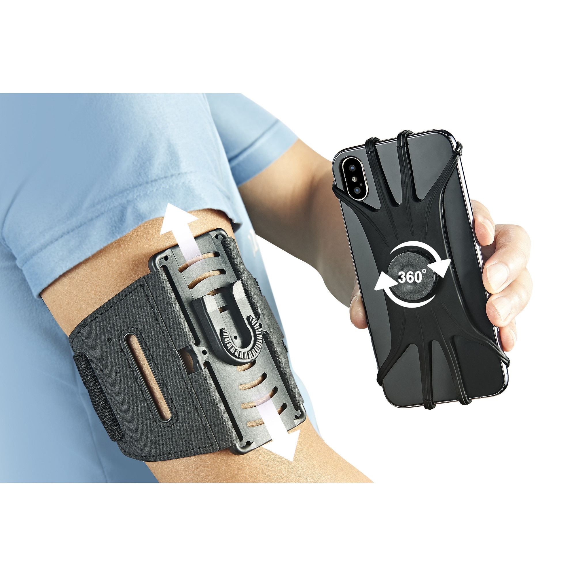 Husa Banderola pentru brat/mana pentru alergat, detasabila, universala, 360° rotire si cu acces usor la ecran, material elastic si respirabil, fixare sigura si acces rapid la telefon, suport telefon mana sport, husa alergat, Ideas4comfort, negru