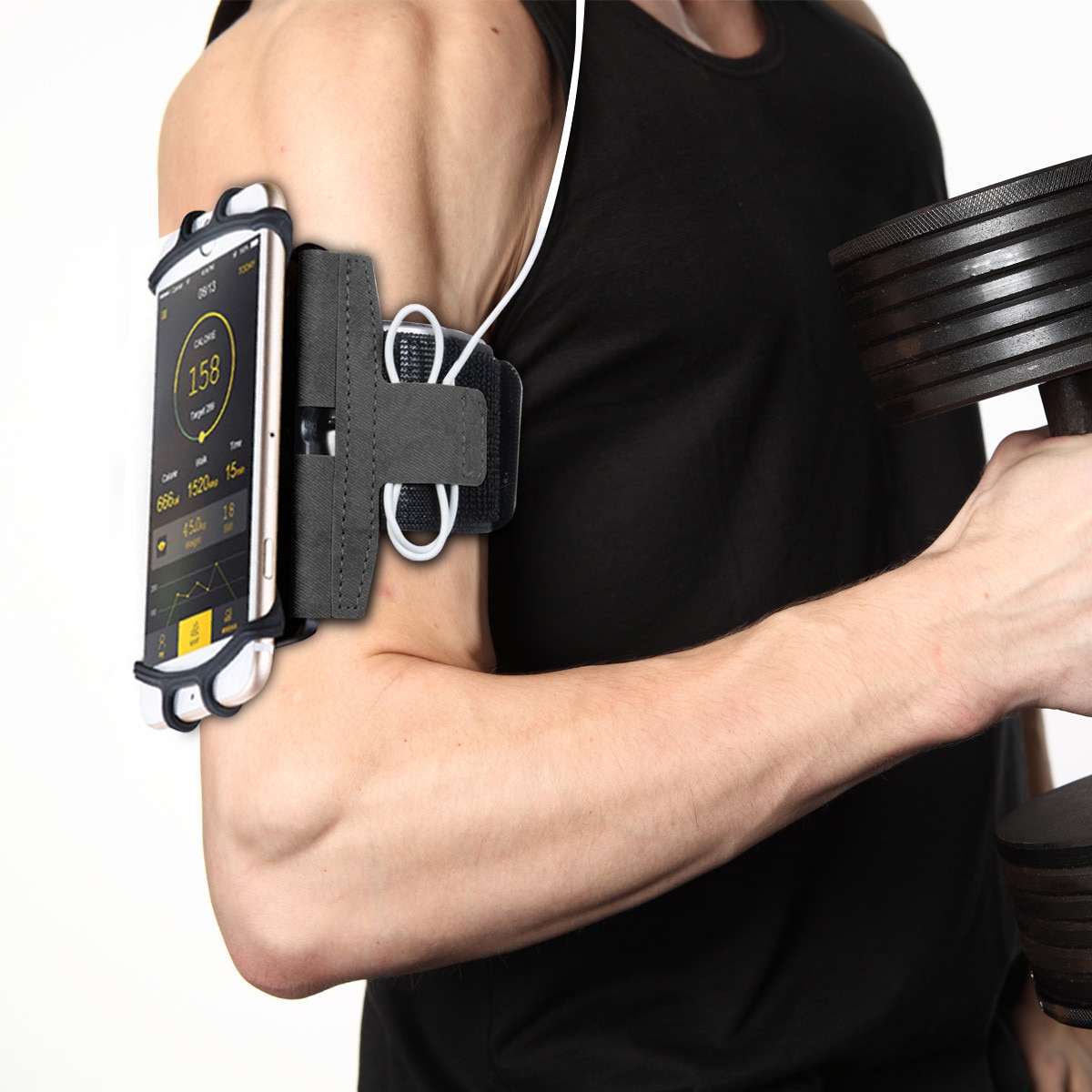 Husa Banderola pentru brat/mana pentru alergat, detasabila, universala, 360° rotire si cu acces usor la ecran, material elastic si respirabil, fixare sigura si acces rapid la telefon, suport telefon mana sport, husa alergat, Ideas4comfort, negru