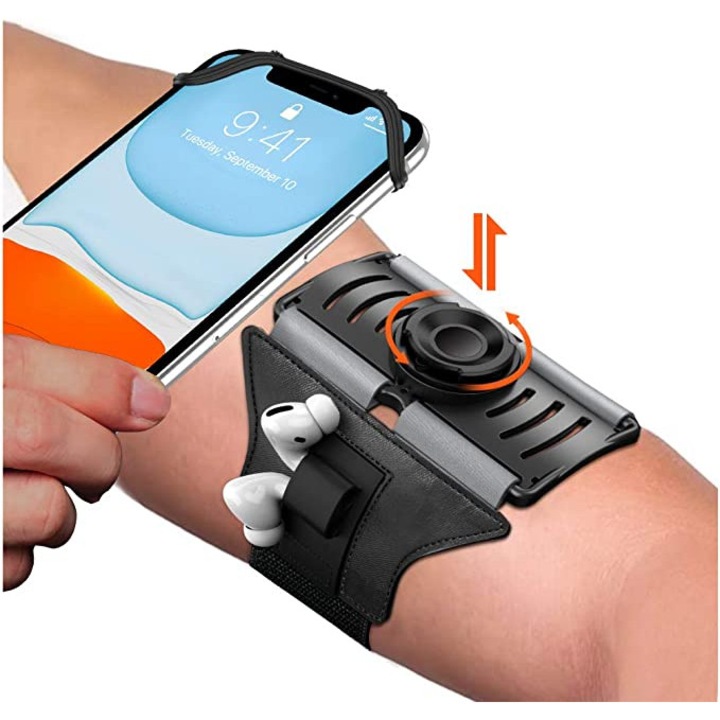 Husa Banderola pentru brat/mana pentru alergat, detasabila, universala, 360° rotire si cu acces usor la ecran, material elastic si respirabil, fixare sigura si acces rapid la telefon, suport telefon mana sport, husa alergat, Ideas4comfort, negru