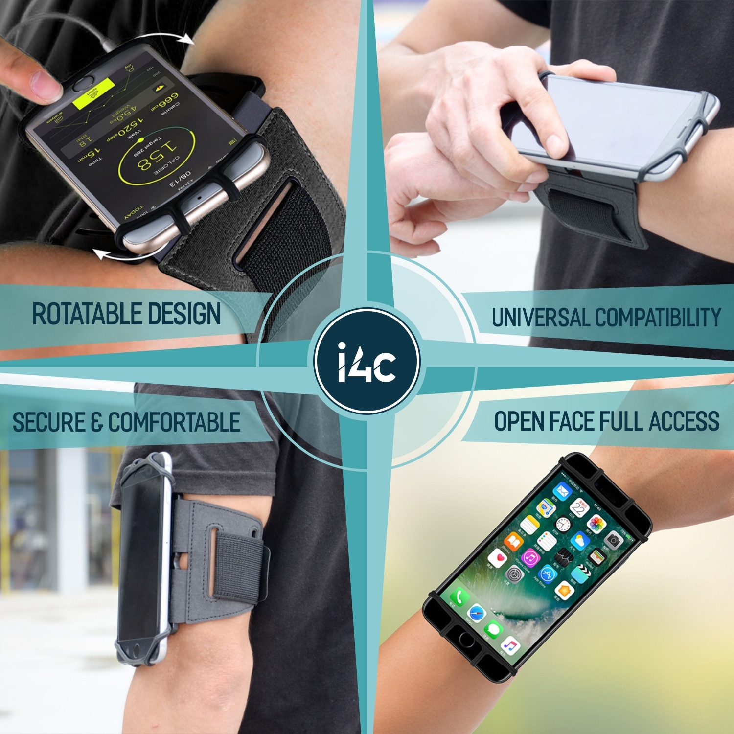 Husa Banderola pentru brat/mana pentru alergat, detasabila, universala, 360° rotire si cu acces usor la ecran, material elastic si respirabil, fixare sigura si acces rapid la telefon, suport telefon mana sport, husa alergat, Ideas4comfort, negru