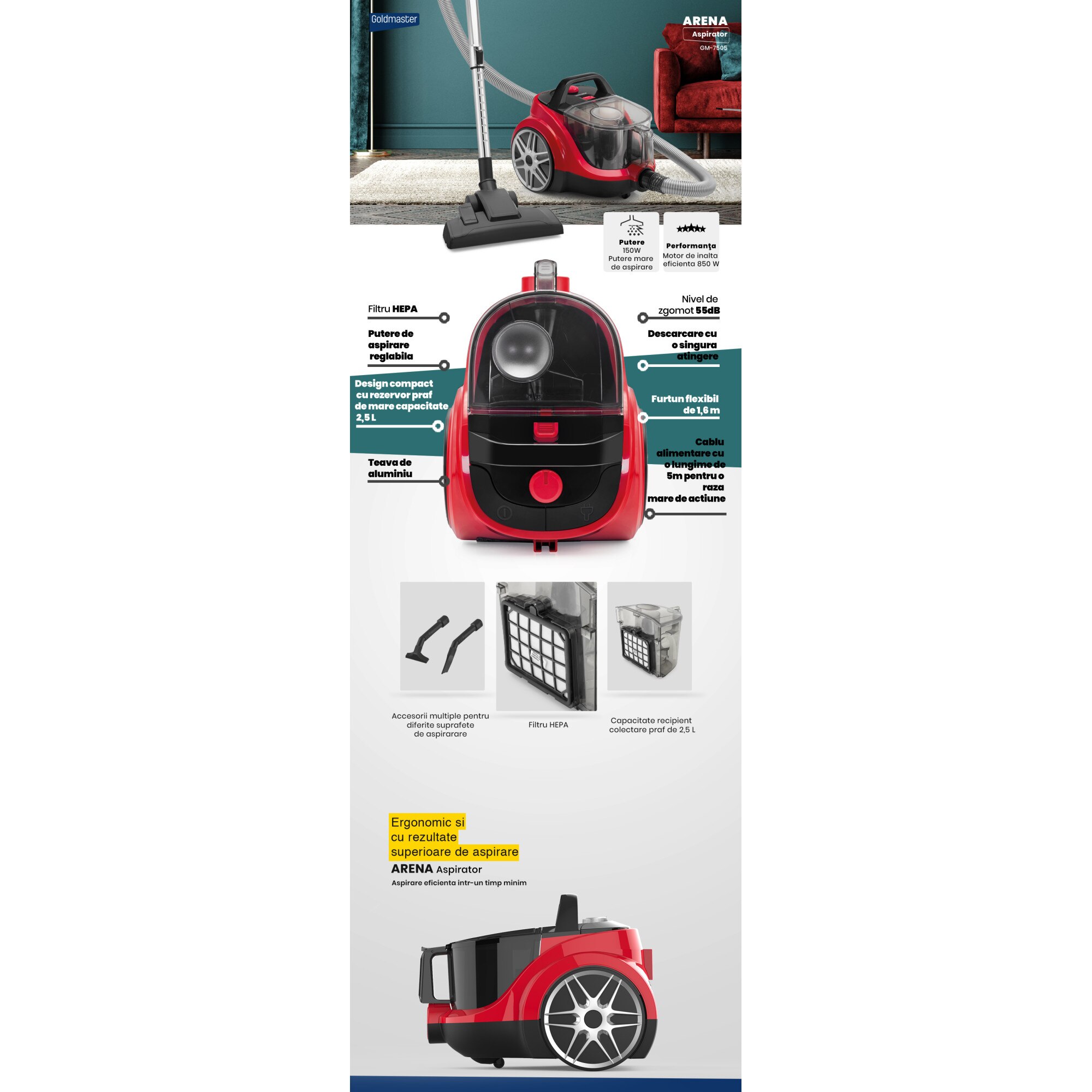 Aspirator fara sac Goldmaster Arena GM-7505, 850W, Rosu