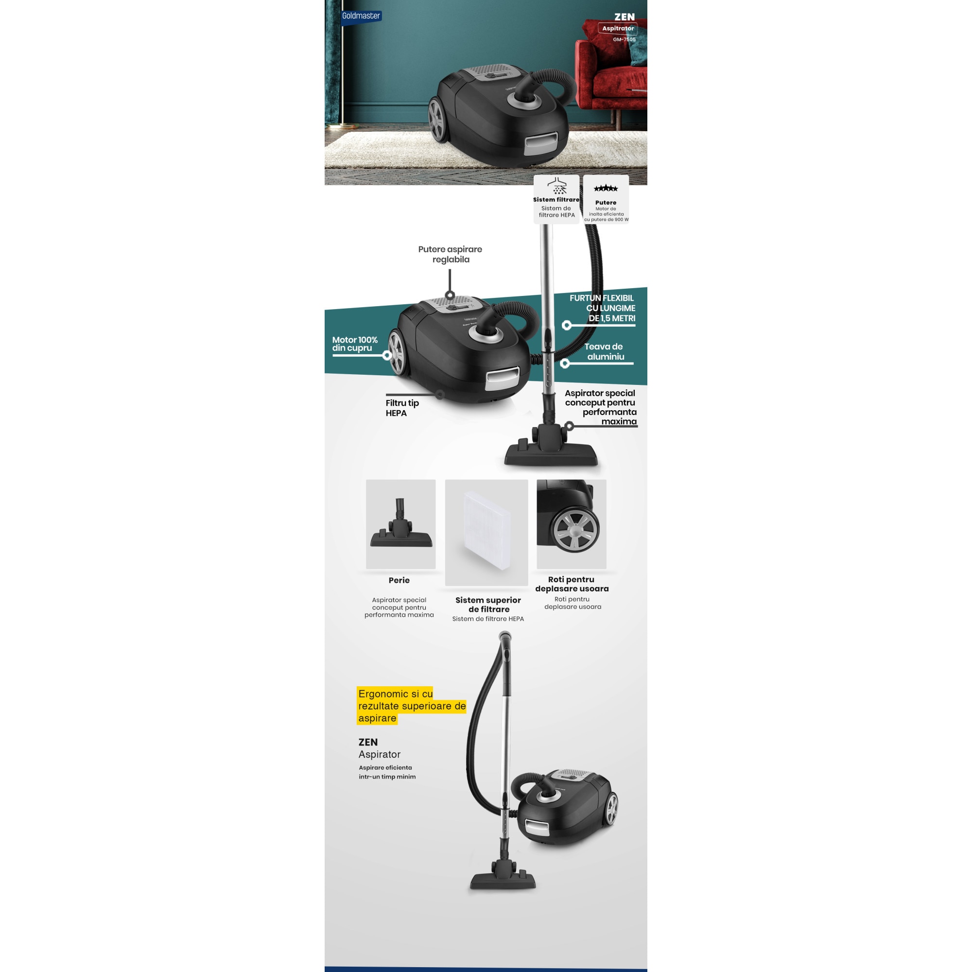 Aspirator cu sac Goldmaster Zen GM-7575S, 900W, Negru