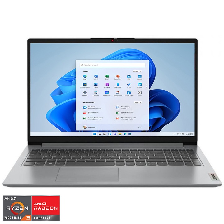 Laptop Lenovo IdeaPad 1 15AMN7 cu procesor AMD Ryzen™ 3 7320U pana la 4.1 GHz, 15.6", Full HD, 4GB, 128GB SSD, AMD Radeon™ 610M, Windows® 11 Home in S mode, Cloud Grey