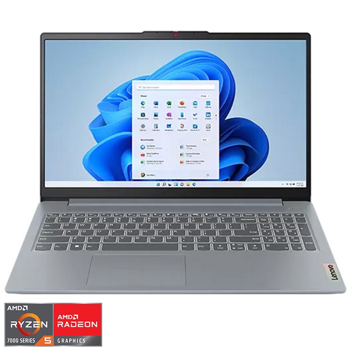 Laptop Lenovo IdeaPad Slim 3 15ABR8 cu procesor AMD Ryzen™ 5 7530U pana la 4.5 GHz, 15.6", Full HD, 8GB, 512GB SSD, AMD Radeon™ Graphics, Windows® 11 Home, Arctic Grey