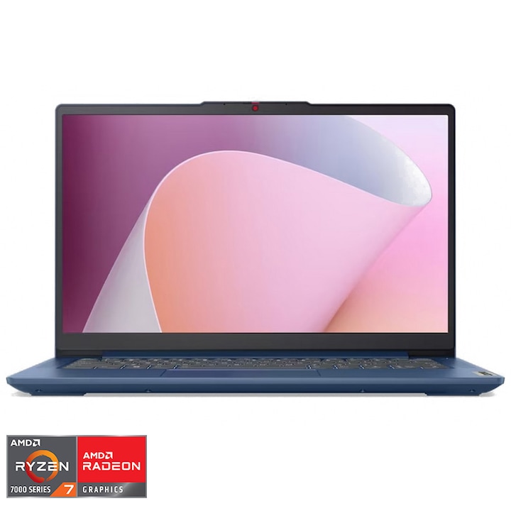 Laptop Lenovo IdeaPad Slim 3 14ABR8 cu procesor AMD Ryzen™ 7 7730U pana la 4.5 GHz, 14", Full HD, IPS, 16GB DDR4, 1TB SSD, AMD Radeon™ Graphics, No OS, Abyss Blue