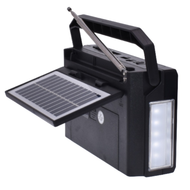 Radio Portabil Cu Panou Solar Rabatabil, Acumulator 18650, Cititor USB/TF, AM/FM/SW1-6, Lampa Led, Negru
