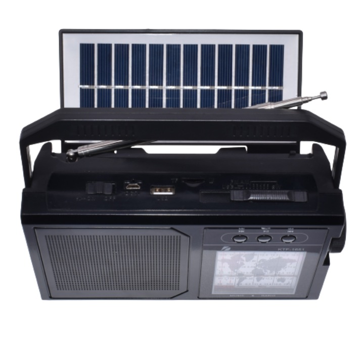 Radio Portabil Cu Panou Solar Rabatabil, Acumulator 18650, Cititor USB/TF, AM/FM/SW1-6, Lampa Led, Negru