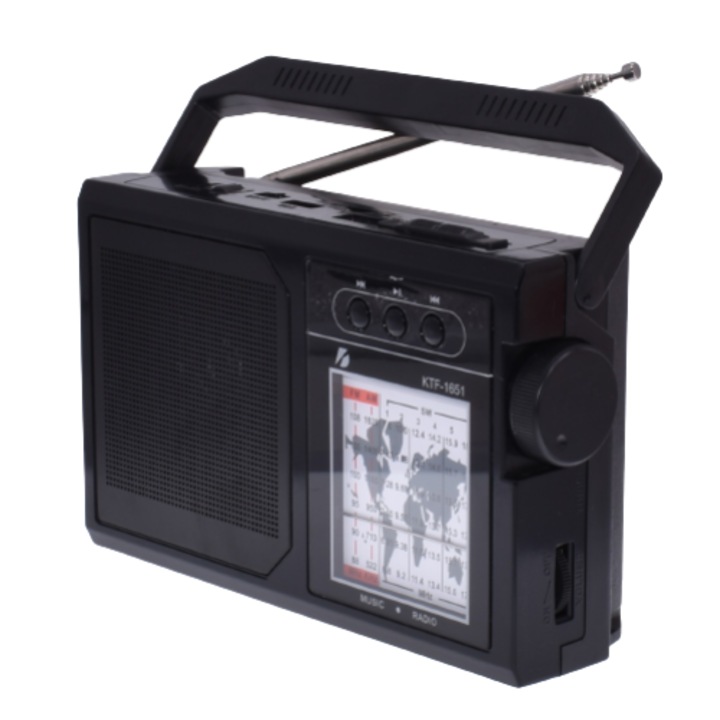Radio Portabil Cu Panou Solar Rabatabil, Acumulator 18650, Cititor USB/TF, AM/FM/SW1-6, Lampa Led, Negru