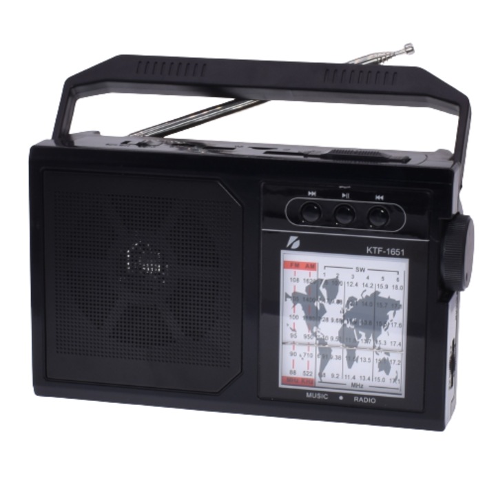 Radio Portabil Cu Panou Solar Rabatabil, Acumulator 18650, Cititor USB/TF, AM/FM/SW1-6, Lampa Led, Negru