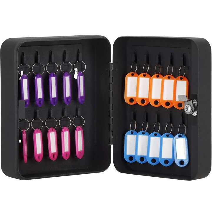 Cutie metalica din otel pentru 20 chei, echipata, 20x16x7.5 cm, neagra