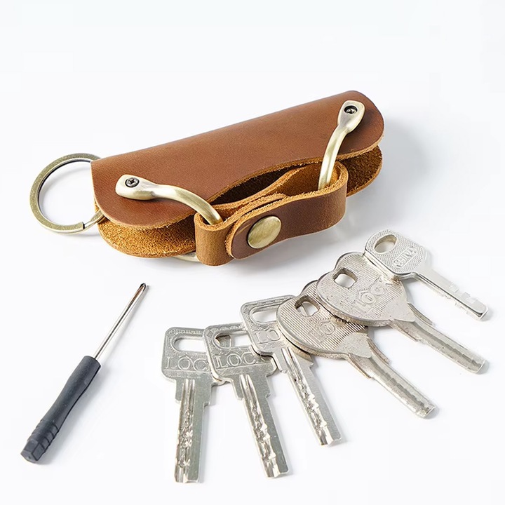 Organizator chei Lerods din piele naturala, port chei cu capacitate 10 chei, finisaj bronz antichizat, culoare maro