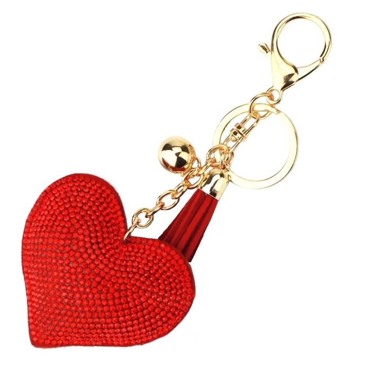 Ключодържател сърце с пискюли и камбанка, за ключове и чанти, Червен