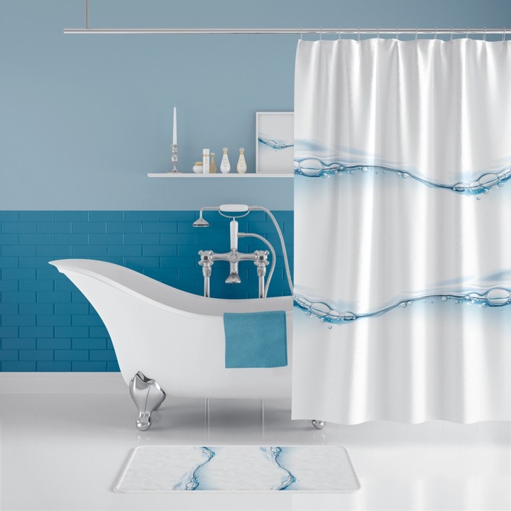 3D szett zuhanyfüggöny gyűrűkkel 180x200cm és fürdőszőnyeg 50x80cm, WaterDrop