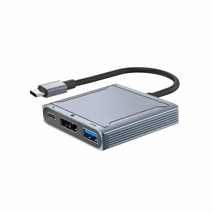 Többportos hub 3 az 1-ben, TechDelivery TD-USH370, USB Type-C – DP 8K 60Hz, USB A 2.0, USB-C PD 60W, Space Grey