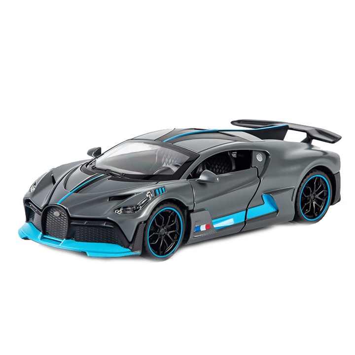 Метална кола zggzerg, Bugatti, Със светлини и звуци, Подвижни врати, капак и багажник, 1:32, 15 см, Сив