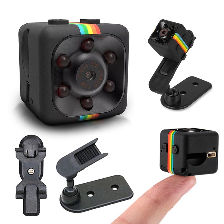 Mini camera de supraveghere spion, Full HD 1080p, cu functie video si foto, mod noapte, incarcare USB si suport de montare inclus, negru