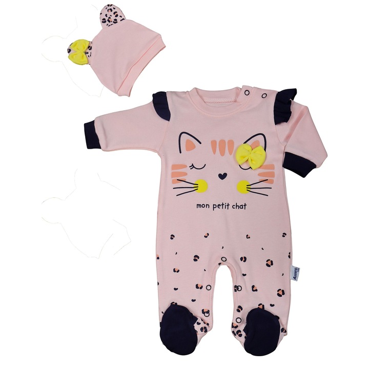 Set 2 Piese, Salopeta Si Caciulita "Pisicuta", Bebelusi Fetite,, Roz pudrat