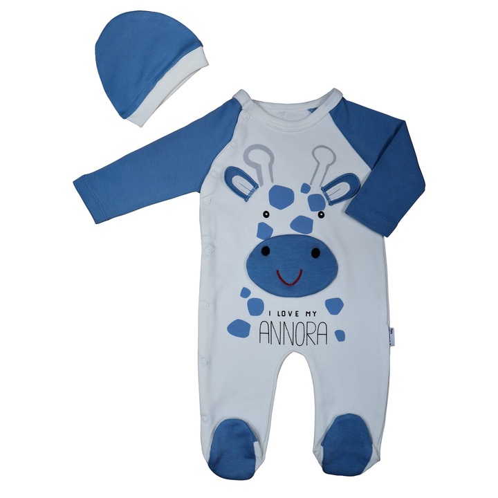 Set 2 Piese Salopeta Cu Botosei Si Caciulita "Cute Giraffe" Bebelusi Baieti 100% Bumbac, Bleumarin