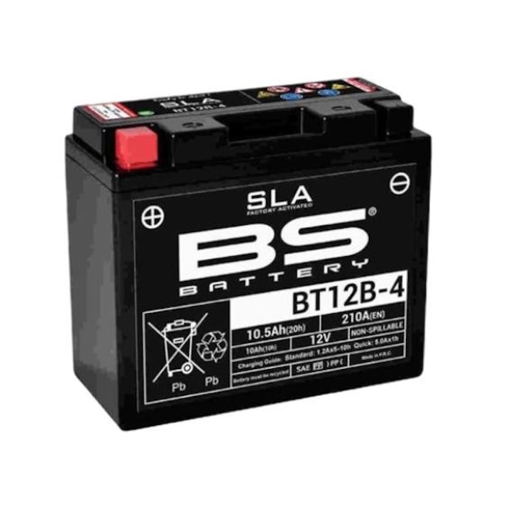 Baterie moto BT12B-4, BS Battery, YT12B-4, 12V, 10 Ah, 175 A, Negru